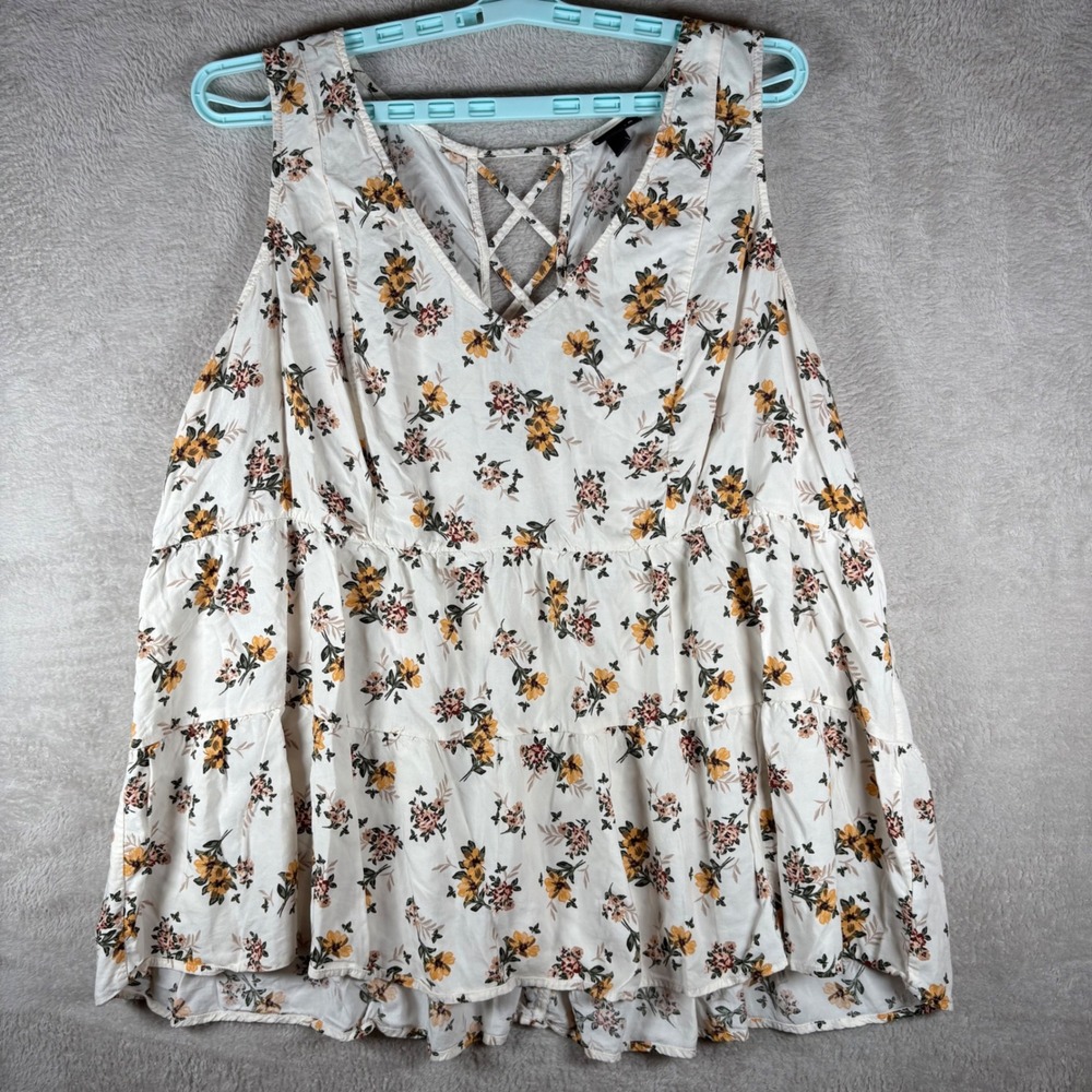 Torrid Challis Tank Top Womens 3 White Floral Lattice Back Tiered Sleeveless - Picture 2 of 8